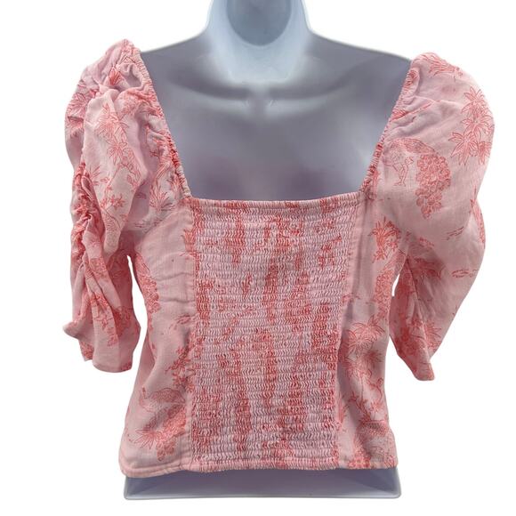 Cynthia Rowley Linen Smocked Blouse M Pink Peacock Print Puff Sleeve Square Neck - Picture 5 of 10